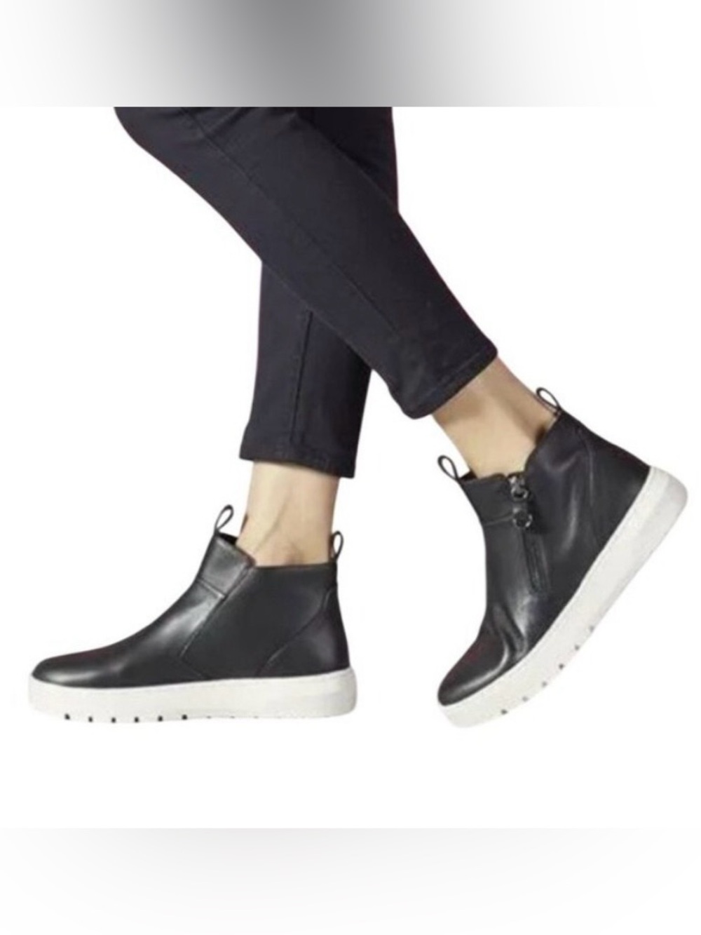 Vionic Brinkely Black Leather Ankle Bootie Sneakers with White Sole